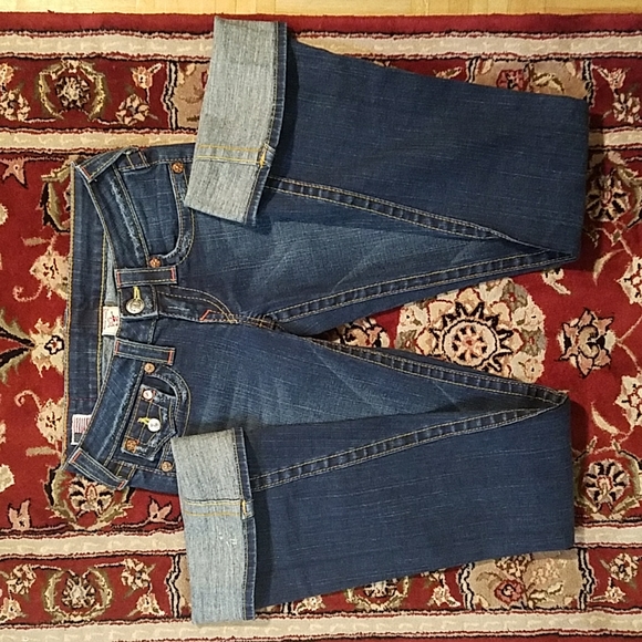 True Religion 25 Long Flap pocket Joey twist Boot Orange stitching Distressed - Picture 4 of 14